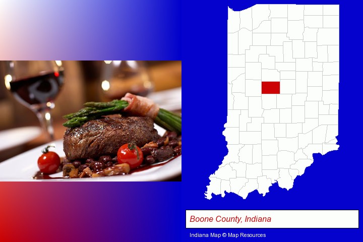 a steak dinner; Boone County, Indiana highlighted in red on a map