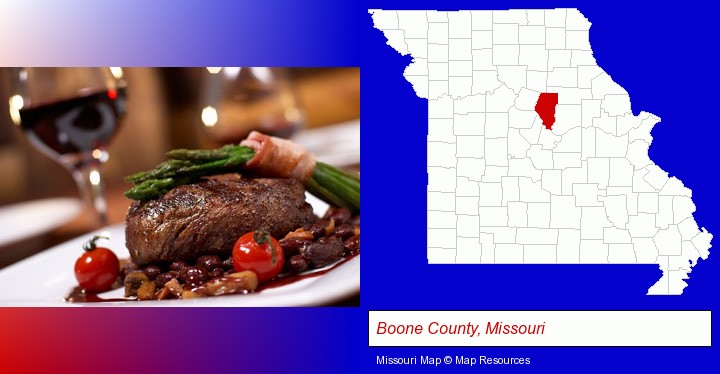a steak dinner; Boone County, Missouri highlighted in red on a map