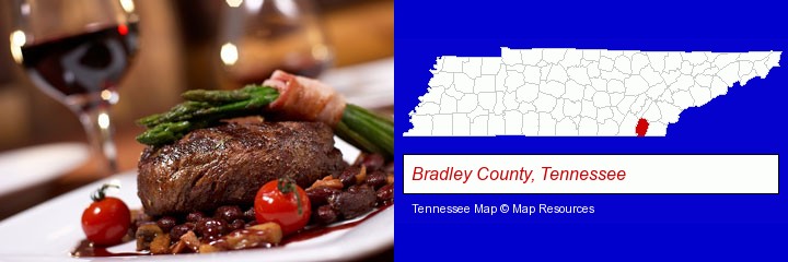 a steak dinner; Bradley County, Tennessee highlighted in red on a map