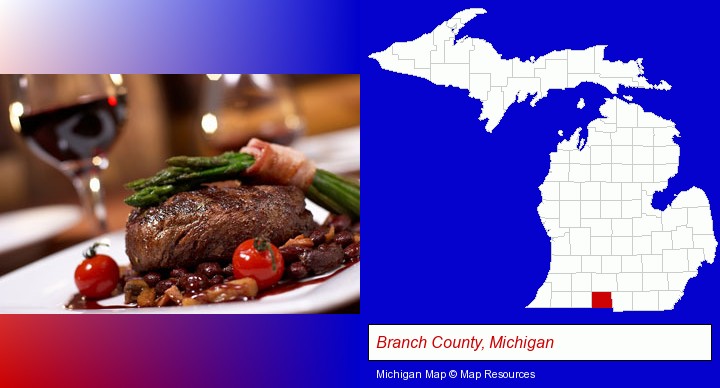 a steak dinner; Branch County, Michigan highlighted in red on a map