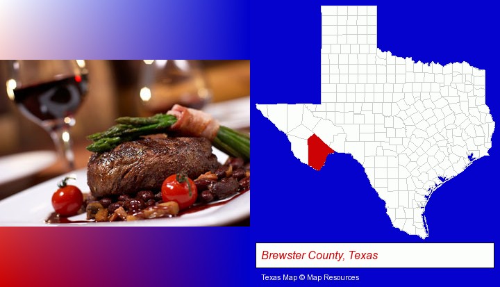 a steak dinner; Brewster County, Texas highlighted in red on a map