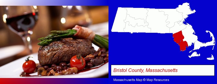 a steak dinner; Bristol County, Massachusetts highlighted in red on a map