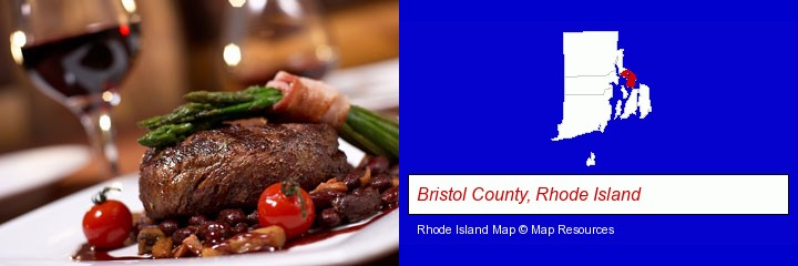 a steak dinner; Bristol County, Rhode Island highlighted in red on a map