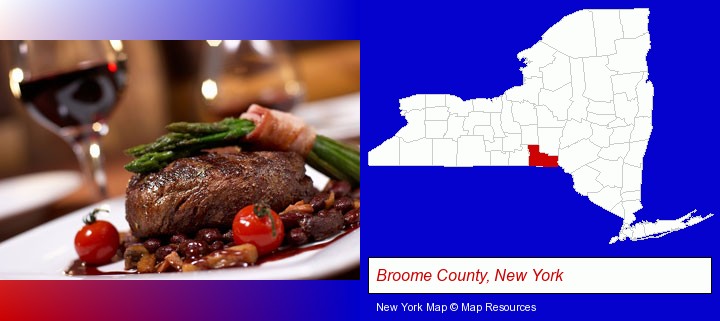 a steak dinner; Broome County, New York highlighted in red on a map