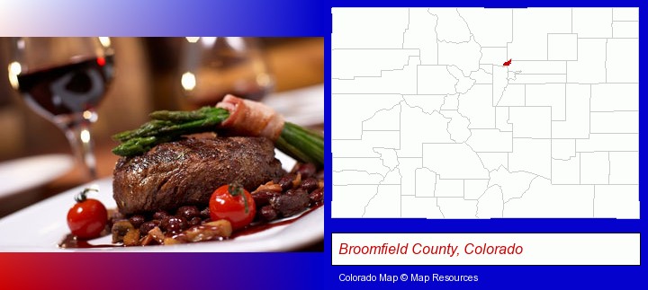 a steak dinner; Broomfield County, Colorado highlighted in red on a map