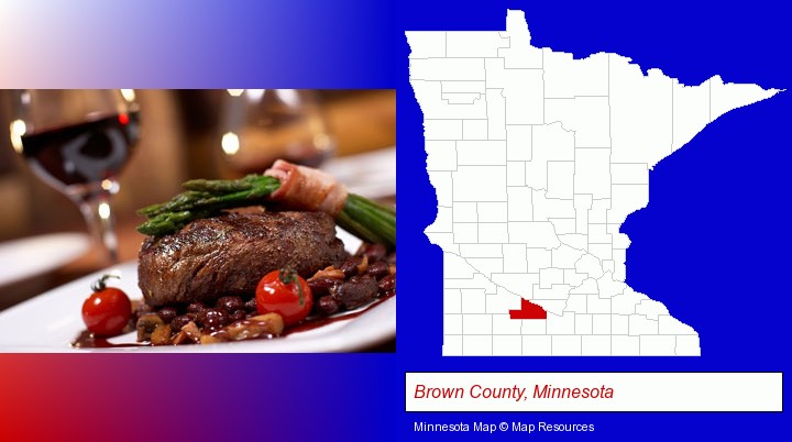 a steak dinner; Brown County, Minnesota highlighted in red on a map