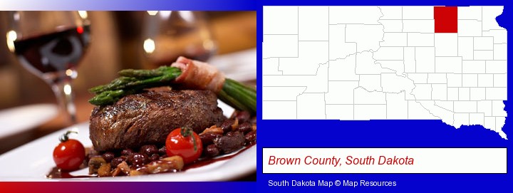 a steak dinner; Brown County, South Dakota highlighted in red on a map