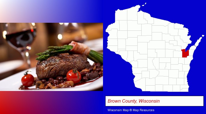a steak dinner; Brown County, Wisconsin highlighted in red on a map