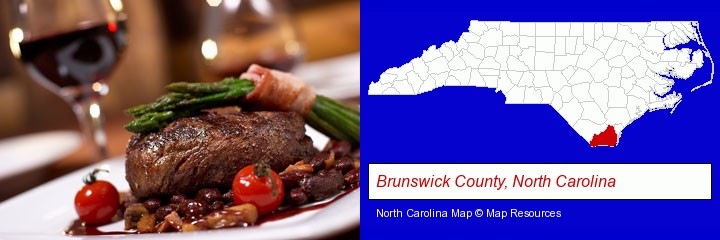 a steak dinner; Brunswick County, North Carolina highlighted in red on a map