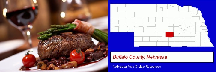 a steak dinner; Buffalo County, Nebraska highlighted in red on a map
