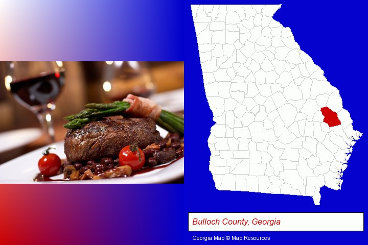 a steak dinner; Bulloch County, Georgia highlighted in red on a map