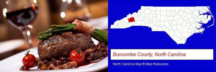 a steak dinner; Buncombe County, North Carolina highlighted in red on a map