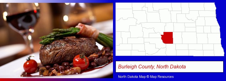 a steak dinner; Burleigh County, North Dakota highlighted in red on a map