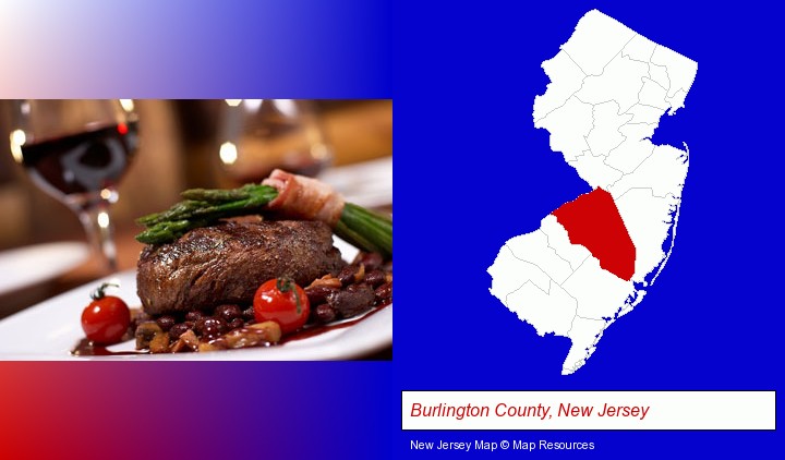 a steak dinner; Burlington County, New Jersey highlighted in red on a map