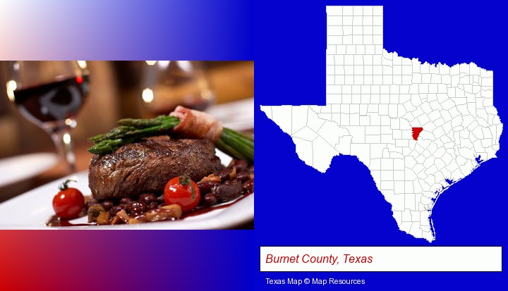 a steak dinner; Burnet County, Texas highlighted in red on a map