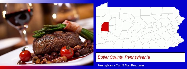a steak dinner; Butler County, Pennsylvania highlighted in red on a map