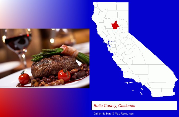 a steak dinner; Butte County, California highlighted in red on a map