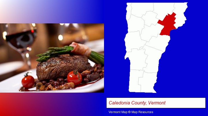 a steak dinner; Caledonia County, Vermont highlighted in red on a map