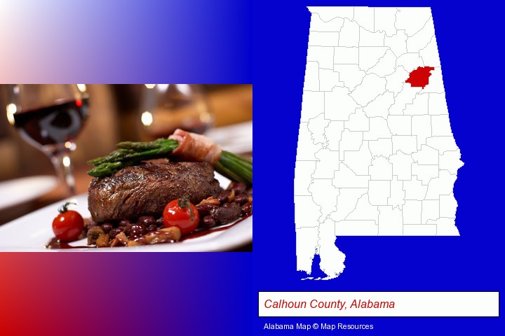 a steak dinner; Calhoun County, Alabama highlighted in red on a map