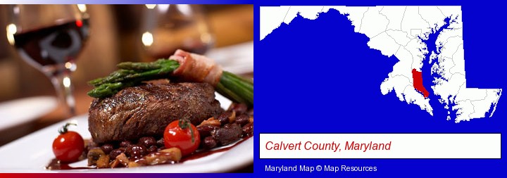 a steak dinner; Calvert County, Maryland highlighted in red on a map