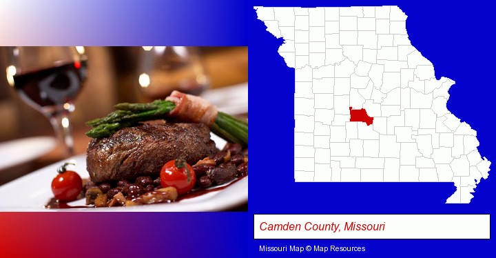 a steak dinner; Camden County, Missouri highlighted in red on a map