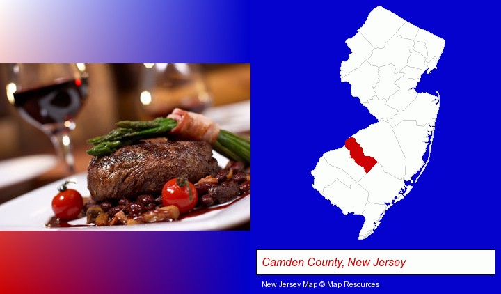 a steak dinner; Camden County, New Jersey highlighted in red on a map