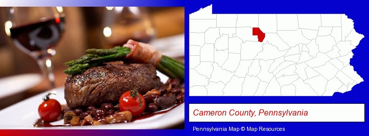 a steak dinner; Cameron County, Pennsylvania highlighted in red on a map
