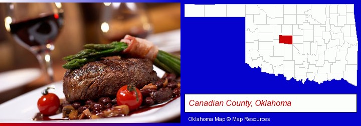 a steak dinner; Canadian County, Oklahoma highlighted in red on a map
