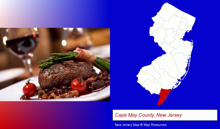 a steak dinner; Cape May County, New Jersey highlighted in red on a map