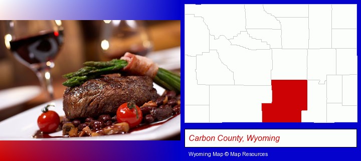 a steak dinner; Carbon County, Wyoming highlighted in red on a map