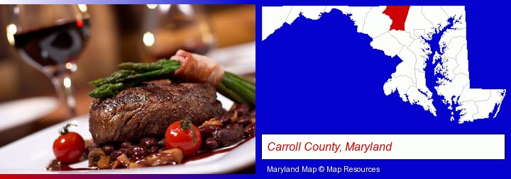 a steak dinner; Carroll County, Maryland highlighted in red on a map