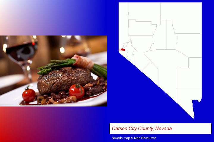 a steak dinner; Carson City County, Nevada highlighted in red on a map