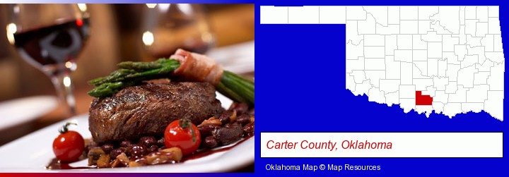 a steak dinner; Carter County, Oklahoma highlighted in red on a map