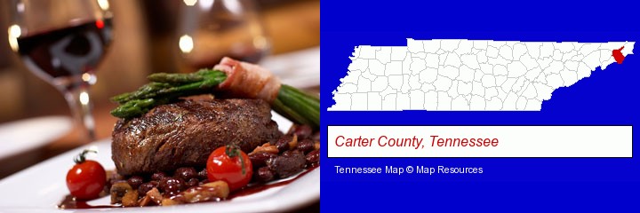 a steak dinner; Carter County, Tennessee highlighted in red on a map