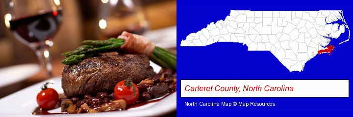 a steak dinner; Carteret County, North Carolina highlighted in red on a map