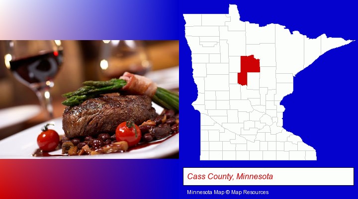 a steak dinner; Cass County, Minnesota highlighted in red on a map