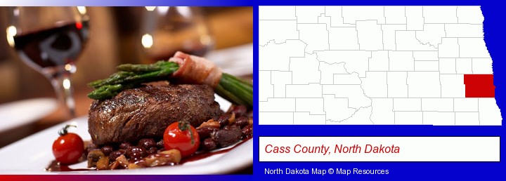 a steak dinner; Cass County, North Dakota highlighted in red on a map