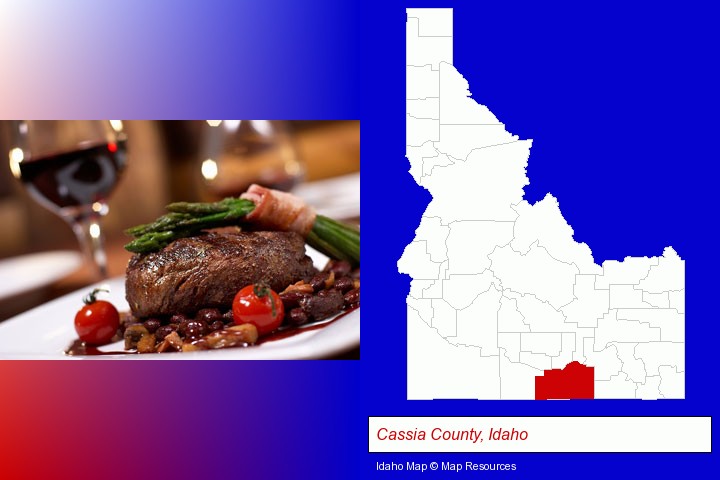 a steak dinner; Cassia County, Idaho highlighted in red on a map