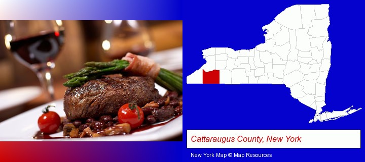 a steak dinner; Cattaraugus County, New York highlighted in red on a map
