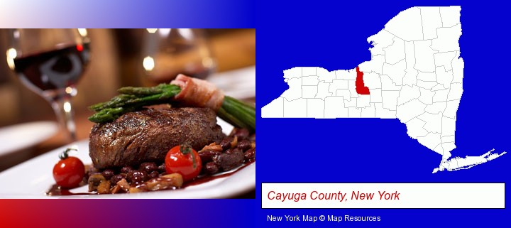 a steak dinner; Cayuga County, New York highlighted in red on a map