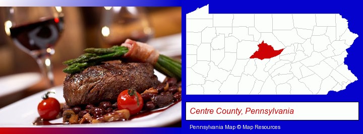 a steak dinner; Centre County, Pennsylvania highlighted in red on a map