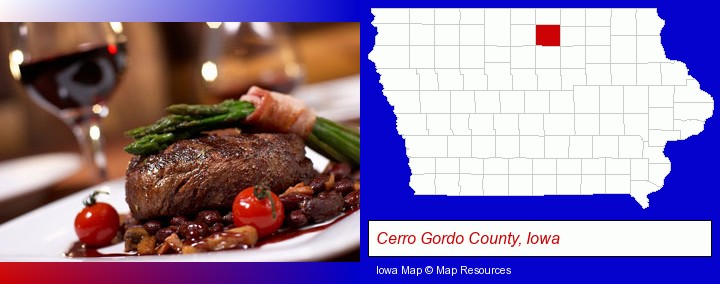 a steak dinner; Cerro Gordo County, Iowa highlighted in red on a map