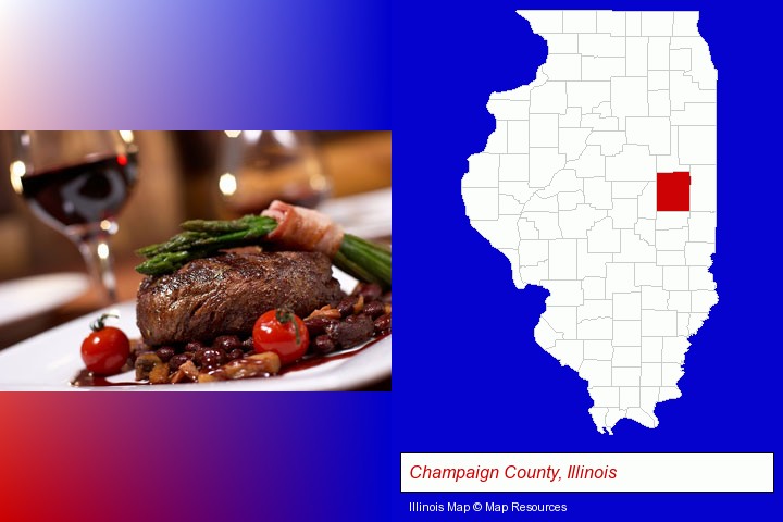 a steak dinner; Champaign County, Illinois highlighted in red on a map
