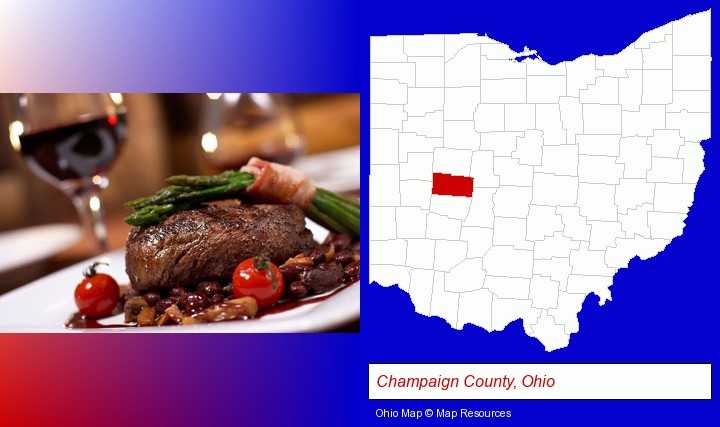a steak dinner; Champaign County, Ohio highlighted in red on a map
