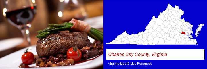 a steak dinner; Charles City County, Virginia highlighted in red on a map