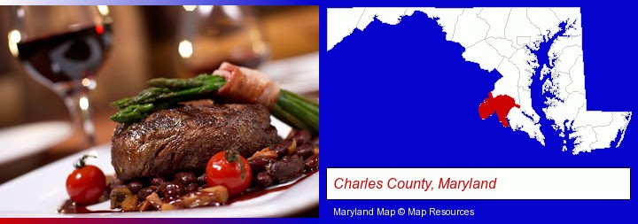 a steak dinner; Charles County, Maryland highlighted in red on a map