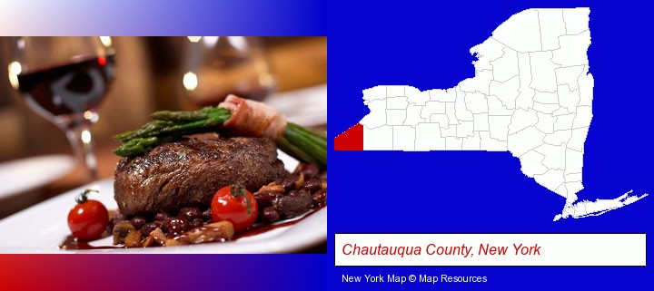 a steak dinner; Chautauqua County, New York highlighted in red on a map