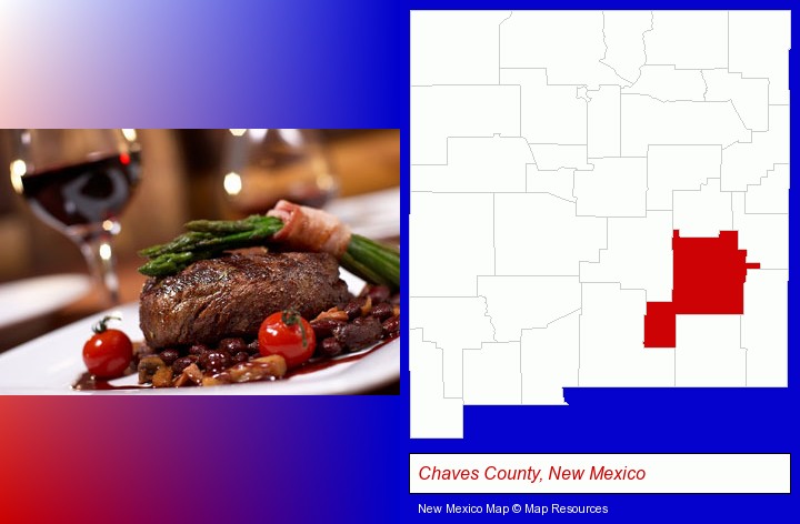 a steak dinner; Chaves County, New Mexico highlighted in red on a map