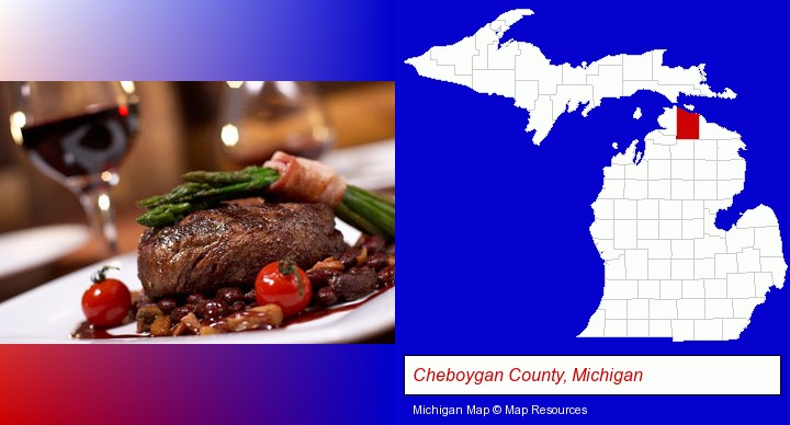 a steak dinner; Cheboygan County, Michigan highlighted in red on a map