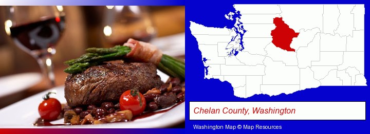 a steak dinner; Chelan County, Washington highlighted in red on a map